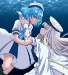  2girls ahoge aquarium_wa_odoranai blue_eyes blue_hair boots bow collared_shirt dress epaulettes highres jacket jacket_on_shoulders multiple_girls pleated_skirt puffy_short_sleeves puffy_sleeves retro_(aquarium_wa_odoranai) shirt short_hair short_sleeves skirt suzu_(aquarium_wa_odoranai) underwater white_dress white_hair white_skirt 
