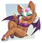  1girl alternate_costume animal_ears animal_nose arm_behind_head arm_up armpit_crease armpits bare_shoulders bat_ears bat_girl bat_wings belly bikini blue_eyeshadow breasts cleavage cocktail_glass commentary cup drink drinking_glass english_commentary eyeshadow eyewear_on_head fang full_body furry furry_female gloves green_eyes half-closed_eyes heart heart_o-ring heart_ring_top highres holding holding_cup lipstick long_sleeves looking_at_viewer makeup navel o-ring o-ring_bikini open_mouth pink-tinted_eyewear pink_lips pinky_out purple_bikini purple_wings riz rouge_the_bat seductive_smile short_tail smile solo sonic_(series) sunglasses swimsuit tail thighs tinted_eyewear white-framed_eyewear white_fur wings 