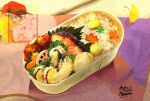  airihanezora artist_name bento clip_studio_paint_(medium) commentary_request fish_(food) food food_focus no_humans original pumpkin_slice rice shrimp shrimp_tempura still_life tempura watermark 