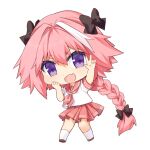  1boy :d astolfo_(fate) black_bow bow braid cuddly_octopus fang fate/apocrypha fate_(series) highres long_braid long_hair male_focus neckerchief otoko_no_ko pink_hair pink_neckerchief pink_sailor_collar purple_eyes sailor_collar school_uniform serafuku single_braid skin_fang smile white_footwear 