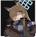  1girl animal_ear_fluff animal_ears armband black_gloves black_jacket black_pantyhose blonde_hair blue_archive blue_eyes blue_halo blue_necktie blue_shirt blue_skirt breasts collared_shirt commentary dog_ears dog_girl extra_ears feet_out_of_frame gloves hair_over_one_eye halo jacket kanna_(blue_archive) long_hair long_sleeves looking_at_viewer lowres miniskirt necktie notched_ear open_clothes open_jacket pantyhose police police_uniform policewoman purple_armband sharp_teeth shirt skirt smile teeth toriko_(honmono) 