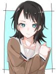 1girl bang_dream! bang_dream!_it&#039;s_mygo!!!!! black_hair blue_eyes border brown_dress closed_mouth commentary_request dress hanasakigawa_school_uniform highres long_sleeves looking_at_viewer medium_hair nanami_(nunnun_0410) outside_border sailor_collar sailor_dress school_uniform solo upper_body white_border white_sailor_collar yahata_umiri 