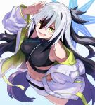  1girl bare_shoulders belt black_hair black_shirt breasts cropped_shirt fate/grand_order fate_(series) green_eyes green_jacket hair_between_eyes jacket long_hair long_sleeves looking_at_viewer medium_breasts midriff multicolored_hair multicolored_jacket nagao_kagetora_(fate) navel off_shoulder open_clothes open_jacket open_mouth shirt short_shorts shorts sidelocks sleeveless sleeveless_shirt smile solo somemiya_suzume two-tone_hair two-tone_jacket uesugi_kenshin_(fate) uesugi_kenshin_(second_ascension)_(fate) very_long_hair white_hair white_jacket white_shorts 