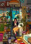  1girl air_conditioner balcony bead_curtain black_cardigan black_eyes black_hair blue_sky cardigan cat ceiling_light clock closed_mouth clothes_hanger cup curtains fishbowl full_body hair_ornament hairclip highres holding holding_cup milk_carton on_stool open_cardigan open_clothes original picture_frame plant potted_plant see-through_curtains short_hair sitting sky smile solo tororotororo wall_clock 
