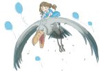  1girl :d balloon bird blue_dress blue_eyes blush brown_footwear brown_hair dress hinata_no_aoshigure long_hair q; riding_bird school_uniform shigure_(hinata_no_aoshigure) shoebill simple_background smile solo white_background 