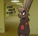  absurd_res anthro band-aid band-aid_on_nose bandage black_body black_fur cheek_tuft clothing eyebrows facial_tuft fur grey_body grey_fur hi_res hoodie humor lagomorph leporid liminal_spaces looking_at_viewer male mammal meme nix_(the_xing1) rabbit raised_eyebrow solo sweatpants the_xing1 topwear tuft 