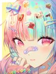  1girl bandaid bandaid_on_face bandaid_on_neck bandaid_on_nose bangs banned_artist blue_hair bow close-up closed_mouth dai_nikucho decora doge elmo emoji face hair_bow hair_ornament hairclip hand_up heart highres light_blush looking_at_viewer meme multicolored_hair original pepe_the_frog pink_eyes pink_hair pop_cat_(meme) solo sticker two-tone_hair 