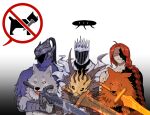  3boys animal artorias_the_abysswalker blue_hood closed_mouth cracked_skin dog donar0217 earrings elden_ring elden_ring_nightreign gauntlets gladius_(elden_ring) great_grey_wolf_sif helmet heolstor_the_nightlord holding holding_animal hood hood_up jewelry long_braid long_hair mask mouth_hold multiple_boys no_symbol plume radagon_of_the_golden_order red_hair red_wolf_of_radagon weapon_in_mouth white_background 