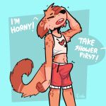  absurd_res anthro armpit_hair blue_background body_hair bottomwear brown_body brown_fur bulge canid canine canis cheek_tuft clothed clothing crop_top cropped_tank_top domestic_dog ears_back elbow_tufts erection erection_under_clothing eyes_closed facial_tuft fangs fur gym_bottomwear gym_clothing gym_shorts hi_res male mammal open_mouth pivoted_ears scruffy shirt shorts simple_background solo tank_top the_xing1 topwear tuft 