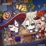  1boy 2girls absurdres albedo_(genshin_impact) aqua_eyes blonde_hair boots brown_gloves chair chibi closed_eyes closed_mouth commentary copyright_name cup dodoco_(genshin_impact) dot_nose dress english_commentary food genshin_impact gloves hair_between_eyes hair_ornament hands_up hat hat_ornament highres holding holding_cup klee_(genshin_impact) leotard light_smile long_hair looking_at_another mona_(genshin_impact) multiple_girls newsboy_cap night night_sky official_art on_chair open_mouth outdoors pancake pancake_stack parted_bangs red_dress sitting sky sparkle_print star_(sky) starry_sky table teacup twintails very_long_hair witch_hat 