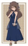  1girl bare_arms blue_dress bow brown_hair chocomiru closed_mouth dark-skinned_female dark_skin dress eyebrows_visible_through_hair full_body glasses hair_bow highres looking_at_viewer original polka_dot polka_dot_background sleeveless sleeveless_dress smile solo tan 