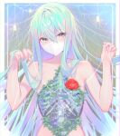  1girl absurdres bangs banned_artist covered_mouth dai_nikucho flower grey_eyes hair_between_eyes hands_up highres light_blue_hair long_hair looking_at_viewer mask mouth_mask nude original power_symbol red_flower ribs silk solo spider_web spine upper_body 