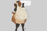  anthro belly big_belly black_arms black_feet breasts brown_body brown_fur cervid cuck_vore dialogue digestion digestion_noises female fur hi_res horn hyaenid hybrid itskorrie mammal multi_tone_fur navel nipples nude overweight overweight_female scut_tail short_tail simple_background solo standing thick_thighs vore 