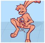  absurd_res anthro balls blue_background chest_tuft elbow_tufts flaccid foreskin fur fur_trimming genitals hi_res humanoid_genitalia humanoid_penis knee_tuft lagomorph leg_tuft leporid long_ears male mammal one_eye_closed orange_body orange_fur penis personal_grooming pubes rabbit scissors shoulder_tuft simple_background sitting_on_ground solo spread_legs spreading the_xing1 trimming_(grooming) tuft wide_eyed 