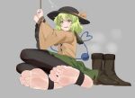  1girl absurdres bdsm black_pantyhose blue_nails bondage boots bound brown_boots buttons diamond_button feet foot_focus frilled_sleeves frills green_eyes green_hair green_skirt grey_background highres jager komeiji_koishi long_sleeves nail_polish pantyhose shirt shoes short_hair simple_background skirt soles solo stirrup_legwear third_eye toeless_legwear touhou unworn_boots unworn_shoes wide_sleeves yellow_shirt 