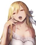  1girl absurdres bangs bare_shoulders blonde_hair collarbone commentary dress eyebrows_visible_through_hair fangs hair_between_eyes hair_ornament hair_over_shoulder hair_ribbon hairclip hand_to_own_mouth highres long_hair looking_at_viewer monogatari_(series) open_mouth oshino_shinobu ribbon selerio3 signature simple_background sleeveless solo upper_body vampire white_background white_dress white_ribbon yellow_eyes yellow_nails 
