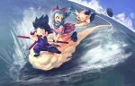  1girl 2boys :d animal_ears ben_lo black_eyes blue_eyes blue_hair blush bow bulma clothes_grab commentary constricted_pupils contrail d: day dragon_ball dragon_ball_(classic) dress dutch_angle english_commentary flying_nimbus full_body gesture_request grin hair_bow holding holding_behind_back holding_staff holding_weapon_behind_back horizon house island looking_back multiple_boys object_riding on_cloud oolong outdoors outstretched_arm perspective pig_boy pig_ears pink_dress ponytail purple_tunic rope_belt ruyi_jingu_bang seiza shielding sitting smile son_goku staff tunic 