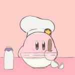  1boy animated animated_gif batter blue_eyes border bottle chef_hat chocomiru colored_skin cooking food hat kirby kirby_(series) mixing mixing_bowl no_humans pink_background pink_skin simple_background solo star_(symbol) stirring white_border 