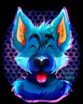  absurd_res anthro blue_body blue_fur blue_hair bust_portrait canid canine eyes_closed folfy_blue fur hair hi_res hybrid jabronski male mammal neon_lights portrait profile_icon profile_picture simple_background smile smiling_at_viewer solo tongue tongue_out 