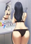  1girl arm_support ass back black_bra black_hair black_panties blue_eyes blueorca bottle bra breasts cabinet cellphone cleavage hair_over_shoulder highres holding holding_phone large_breasts leaning_forward long_hair mirror navel original panties phone reflection selfie sink smartphone solo standing thighs tile_wall tiles underwear 