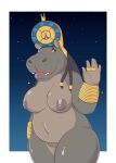  5_fingers anthro areola belly big_breasts bracelet breasts chubby_female clothing common_hippopotamus deity digital_drawing_(artwork) digital_media_(artwork) egyptian egyptian_clothing egyptian_headdress egyptian_mythology fantasy000 female fingers genitals gesture gold_(metal) gold_bracelet gold_jewelry gold_ring hair headdress headgear headwear hi_res hippopotamid jewelry looking_at_viewer mammal middle_eastern_mythology moon_knight_(series) mostly_nude mythology navel nipples open_mouth pear-shaped_figure pussy ring simple_background sky slightly_chubby smile solo star starry_sky tagme taweret teeth thick_thighs waving wide_hips 