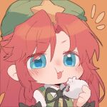  1girl :3 baozi blue_eyes blush braid chibi eating face fang food hat holding holding_food hong_meiling liangyilin long_hair looking_at_viewer open_mouth red_hair simple_background solo touhou twin_braids 