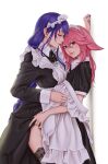  2girls animal_ears apron black_legwear braid braided_ponytail closed_mouth clothes_lift floppy_ears fox_ears genshin_impact highres leaning_forward lips long_hair looking_at_another looking_to_the_side maid maid_apron maid_headdress multiple_girls nail_polish parted_lips pink_hair purple_hair purple_nails quilm raiden_shogun simple_background white_apron white_background yae_miko yuri 