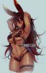  1girl absurdres animal_ears armband armpits arms_up bikini black_hair blue_eyes breasts commentary commission cowboy_shot dark-skinned_female dark_skin english_commentary gradient_hair grey_background hair_between_eyes highres kirih_shiraishi_(sword_scream) long_hair looking_at_viewer multicolored_hair navel nsfwolf original parted_lips rabbit_ears rabbit_girl red_hair simple_background solo swimsuit teeth thigh_strap two-tone_hair 