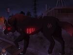 canid canid_demon canine demon feral glowing glowing_eyes growling hellhound hi_res industrial industrial_background looking_at_viewer looking_back male mammal mythological_canine mythological_creature mythology outside parooty power_lines railway_track red_eyes ribb showing_teeth side_view solo water_tower
