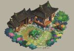  1girl architecture barrel bird cat chicken dated day drawing east_asian_architecture fantasy firewood from_above garden highres kmydoodler old old_woman pond scenery stairs stone_lantern tree 