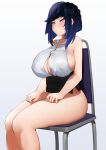  1girl absurdres bangs bare_shoulders blue_eyes blue_hair blush bottomless breasts chair cleavage diagonal_bangs earrings genshin_impact highres jewelry large_breasts mivioppai sitting sleeveless solo sweatdrop yelan_(genshin_impact) 