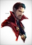  1boy artist_name beard black_hair blue_eyes cape doctor_strange doctor_strange_(series) facial_hair k-suwabe looking_at_viewer male_focus marvel marvel_cinematic_universe multicolored_hair red_cape short_hair solo_focus two-tone_hair upper_body white_hair 