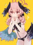  1girl bikini black_bikini black_wings blue_archive closed_mouth cowboy_shot feathered_wings halo head_wings highres koharu_(blue_archive) koharu_(swimsuit)_(blue_archive) long_hair looking_at_viewer nemunemu1226 nervous official_alternate_costume pink_eyes pink_hair ribbon simple_background solo swimsuit wings yellow_background 