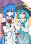  2girls :d :o absurdres blue_eyes blue_hair blue_skirt bow eyebrows_visible_through_hair hat headwear_switch heterochromia highres hinanawi_tenshi holding holding_umbrella karakasa_obake long_hair looking_at_another looking_at_viewer multiple_girls open_mouth puffy_sleeves purple_umbrella red_bow red_eyes salt_(seasoning) shirt short_hair short_sleeves simple_background skirt smile tatara_kogasa touhou umbrella vest white_shirt 