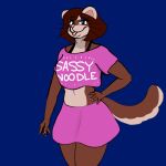  1:1 anthro bottomwear clothed clothing colored_nails domestic_ferret female flat_colors hair hand_on_hip hi_res looking_at_viewer mammal mustelid musteline nails print_clothing print_shirt print_t-shirt print_topwear shirt skirt sleepingpowder solo t-shirt tail_over_skirt text text_on_clothing text_on_shirt text_on_t-shirt text_on_topwear text_print tongue tongue_out topwear true_musteline weasel 