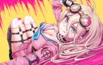  1girl :q antenna_hair bangs barbed_wire black_choker black_gloves blonde_hair blood blue_eyes boots breasts choker cleavage commentary_request danganronpa_(series) danganronpa_v3:_killing_harmony deadnooodles fingerless_gloves gloves goggles goggles_on_head hair_between_eyes iruma_miu knee_boots knees_up large_breasts long_hair long_sleeves looking_at_viewer lying o-ring on_back over-kneehighs pink_blood school_uniform serafuku shirt skirt smile thighhighs tongue tongue_out yellow_background 