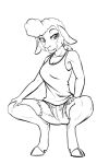  anthro black-kitten bottomwear bovid caprine clothing crouching domestic_sheep female hair hi_res hooves mammal morissa_(black-kitten) narrowed_eyes ponytail sheep shirt shorts solo tank_top topwear 