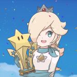  1girl alternate_costume biker_clothes blonde_hair blue_eyes chocomiru confetti crown eyebrows_visible_through_hair fireworks hair_over_one_eye looking_at_viewer mario_(series) mario_kart mario_kart_8 mario_kart_wii official_alternate_costume open_mouth rosalina smile solo super_mario_galaxy super_mario_galaxy_2 tiara trophy upper_body 