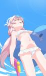 1girl :d bikini blue-tinted_eyewear blue_archive blue_eyes blue_sky carrying carrying_under_arm cloud commentary day eyewear_on_head frilled_bikini frills from_below hair_bobbles hair_ornament heterochromia highres hoshino_(blue_archive) hoshino_(swimsuit)_(blue_archive) inflatable_toy inflatable_whale long_hair low_twintails navel orange_eyes outdoors pink_hair sky smile solo standing sunglasses swimsuit symbol-only_commentary tinted_eyewear twintails very_long_hair vividnatadecoco water_gun white-framed_eyewear 