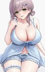  1girl absurdres armpit_crease babydoll bare_arms blue_babydoll blue_shorts blush breasts cleavage collarbone commentary_request frilled_shorts frilled_thigh_strap frills green_eyes grey_hair hair_ornament hair_rings hairclip highres hololive huge_breasts laimer looking_at_viewer loungewear medium_hair mole mole_on_breast navel official_alternate_costume official_alternate_hairstyle open_mouth shirogane_noel shirogane_noel_(9th_costume) short_shorts shorts simple_background single_hair_ring sitting smile solo thigh_strap virtual_youtuber white_background 