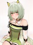  1girl animal_ear_fluff animal_ears arknights artist_name bangs bare_shoulders blush cat_ears commentary criss-cross_halter dress eyebrows_visible_through_hair green_dress green_eyes green_hair halterneck highres kal&#039;tsit_(arknights) long_sleeves looking_at_viewer off_shoulder short_hair signature sitting smile solo zinkaa 