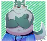  2022 anthro belly big_belly blush bulge canid canine clothing cute_fangs green_bell hi_res humanoid_hands kemono male mammal navel overweight overweight_male solo underwear 