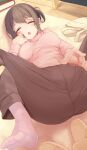  1girl 1other bangs blush breasts brown_hair closed_eyes furrowed_brow indoors komone_ushio large_breasts lying on_back on_floor open_mouth original pants pink_sweater socks spread_legs sweatdrop sweater wooden_floor 