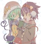  2girls :3 ahoge alternate_costume blowing blue_scarf blue_sweater blush bow bright_pupils brown_jacket buttons closed_mouth commentary cup diamond_button earmuffs eyebrows_behind_hair floral_print fur-trimmed_headwear green_eyes green_hair guwinomi hair_between_eyes hair_ornament hat hat_bow heart heart_button heart_hair_ornament heart_of_string highres holding holding_cup jacket komeiji_koishi komeiji_satori long_sleeves looking_at_object messy_hair multiple_girls nose_blush parted_lips polka_dot polka_dot_bow pom_pom_(clothes) purple_hair red_headwear red_mittens red_scarf rose_print scarf short_hair siblings simple_background sisters steam sweater third_eye touhou upper_body white_background white_pupils yellow_bow yellow_eyes yellow_jacket yunomi 