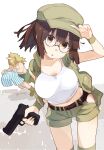  1boy 1girl :o bangs beard blonde_hair blunt_bangs breasts brown_eyes brown_hair cleavage facial_hair fio_germi glasses green_headwear gun hat highres holding holding_gun holding_shorts holding_weapon large_breasts looking_at_viewer metal_slug midriff navel prisoner_of_war_(metal_slug) round_eyewear sala_mander shirt short_hair shorts sleeveless sleeveless_shirt striped striped_shorts thighs vertical-striped_shorts vertical_stripes weapon white_shirt 