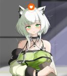  1girl 1other :o ambiguous_gender animal_ear_fluff animal_ears arknights bangs bare_shoulders blunt_bangs blush breast_grab breasts cat_ears collarbone dress empty_eyes grabbing green_dress green_eyes halter_dress halterneck highres holding_another&#039;s_wrist indoors kal&#039;tsit_(arknights) large_breasts light_rays long_sleeves looking_at_viewer oripathy_lesion_(arknights) parted_lips pcaccount13 pov short_hair_with_long_locks sidelocks solo_focus stethoscope upper_body watch white_hair wristwatch 