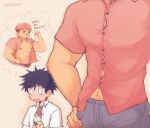  2boys abs alternate_costume alternate_muscle_size artist_name black_hair black_shirt blue_pants blush buttons chibiskoo collared_shirt commentary english_commentary flexing food fushiguro_megumi highres holding holding_food holding_ice_cream ice_cream itadori_yuuji jujutsu_kaisen male_focus multiple_boys muscular muscular_male open_mouth pants pectorals pink_hair pink_shirt scar scar_on_face scar_on_mouth shirt short_hair short_sleeves speech_bubble spiked_hair thought_bubble tight_clothes tight_shirt undercut upper_body white_shirt 
