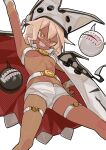  1girl absurdres arm_up beltbra blonde_hair breasts cloak dark-skinned_female dark_skin english_commentary grin guilty_gear guilty_gear_xrd hand_on_hip hat highres orange_eyes ramlethal_valentine saaal653 sharp_teeth short_shorts shorts small_breasts smile solo teeth thigh_strap 