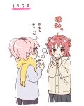  2girls ahoge akaza_akari bangs baozi black_skirt blush double_bun eating food highres jacket long_sleeves looking_at_another multiple_girls namori namori_(character) pink_hair pleated_skirt red_hair scarf short_hair skirt timestamp translated twintails white_background yellow_scarf yoshikawa_chinatsu yuru_yuri 