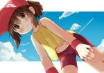  1girl absurdres bakusou_kyoudai_let&#039;s_&amp;_go!! baseball_cap bike_shorts blush brown_eyes brown_hair cloud hands_on_own_thighs hat highres leaning_forward manabe_mana midriff navel outdoors ponytail red_headwear red_shorts sagami_jun shirt short_hair shorts sky sleeveless sleeveless_shirt solo thighs wristband yellow_shirt 